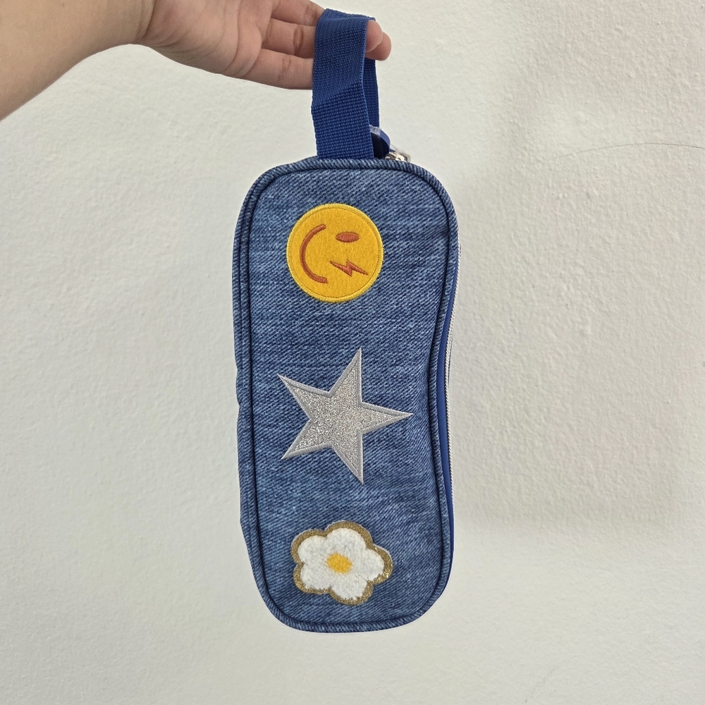 Y2K Blue Denim Cosmetic Travel Pouch Double Zipper Pencil Case Emoji Patches - Picture 5 of 14